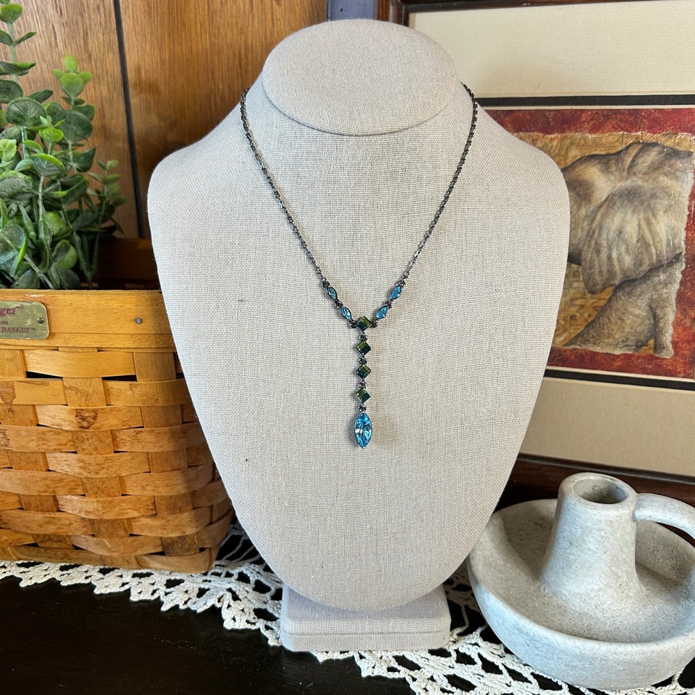Givenchy Gunmetal Chain Necklace with Blue Stone Drop